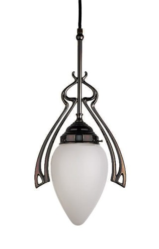 Jugendstil-Pendelleuchte aus brüniertem Messing und mundgeblasenem Lampenglas