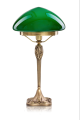 Tischleuchte im Jugendstil mit floraler Messingbasis und Schirm aus mundgeblasenem Opalglas