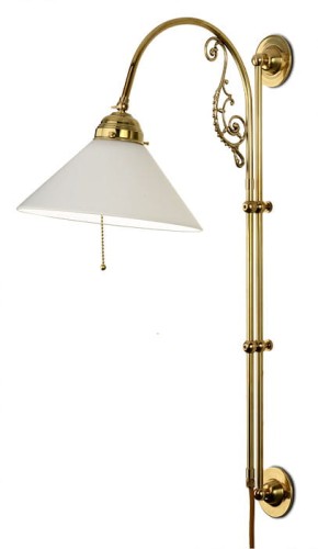  Wandleuchte höhenverstellbar am Bogenarm. Das  Modell W572 Berliner Messing mit Lampenschirm 3417 opal