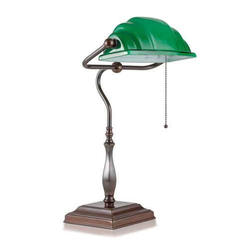 Klassische Bankerlampe zeitlosen Design. Das Modell T80 Antik mit  Smaragd-grün Opalglas.