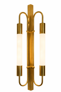 [W1939] Bauhaus Wandeuchte aus Messing mit zwei opalen Röhren – klare Form, zeitlose Eleganz