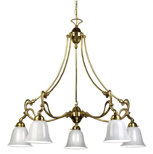 Großformatiger, fünfflammiger Messing-Kronleuchter mit Opalglas-Glockenschirmen