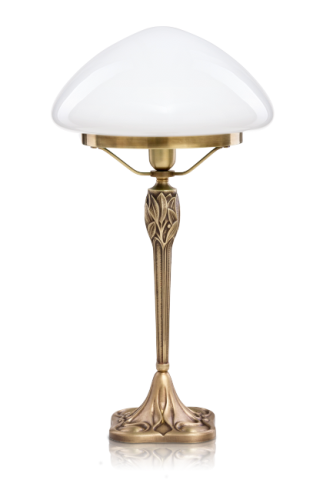 Florale Jugendstil-Tischleuchte aus Messing mit Schirm aus mundgeblasenem Opalglas