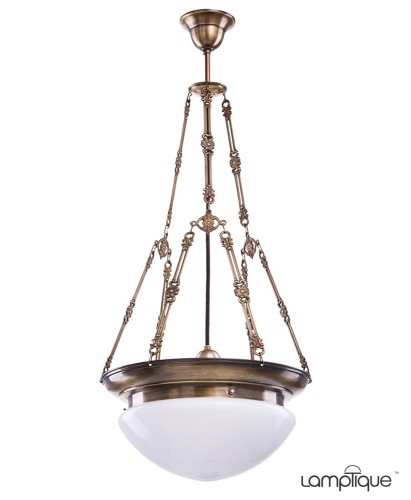 Jugendstil-Schalenpendelleuchte · Ø 35 cm · Messing brüniert · Opalüberfangglas