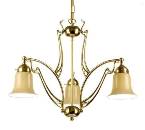 Dreiflammiger Messingkronleuchter im Jugendstil mit Cognacglas