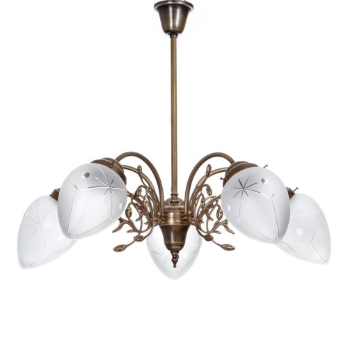 Floraler Jugendstil-Kronleuchter aus Messing mit handgeschliffenem Kristallglas