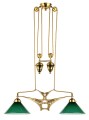 Zweiflammige höhenverstellbare Jugendstil-Pendelleuchte mit konischen Lampenschirmen. Das Modell PZ48 /2 Berliner Messing mit Glasschirm 3417 smaragdgrün