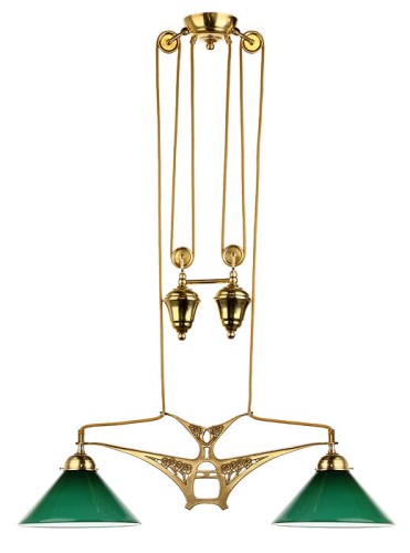 Zweiflammige höhenverstellbare Jugendstil-Pendelleuchte mit konischen Lampenschirmen. Das Modell PZ48 /2 Berliner Messing mit Glasschirm 3417 smaragdgrün