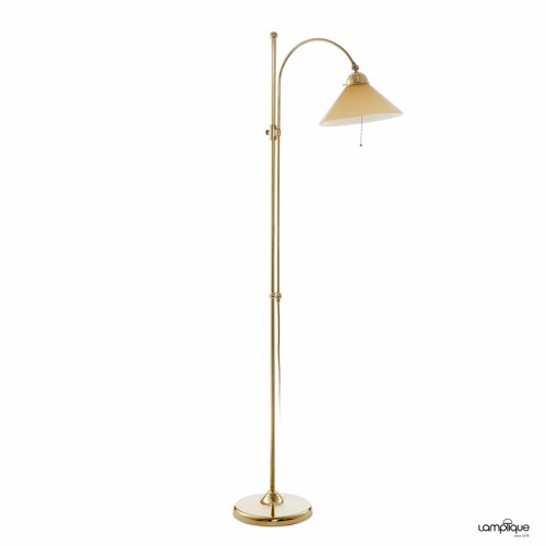 Höhenverstellbare Stehleuchte. Das Modell ST01/155 Berliner Messing mit Glasschirm  3417 cognac Ø 25 cm 