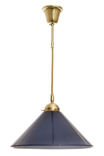 Traditionelle Pendelleuchte – Messing, mundgeblasenes blaues Überfangglas, Kegelschirm Ø 35