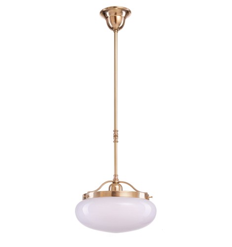 Klassische Stabpendelleuchte in Berliner Messing mit Opal-Lampenglas Ø 25 cm.